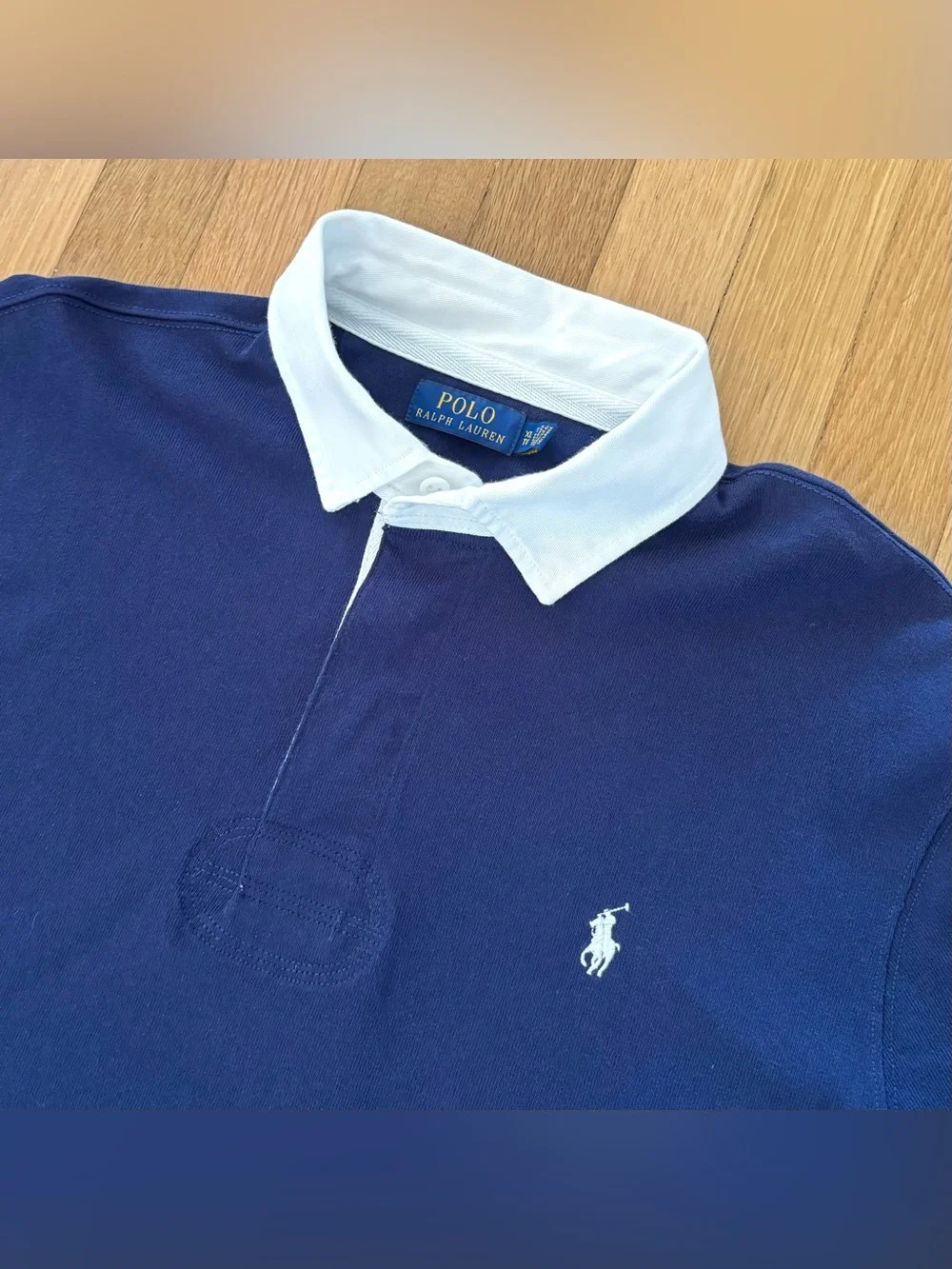 Polo Ralph Lauren Iconic Rugby Shirt Mens XL Navy Blue Long Sleeve White Collar